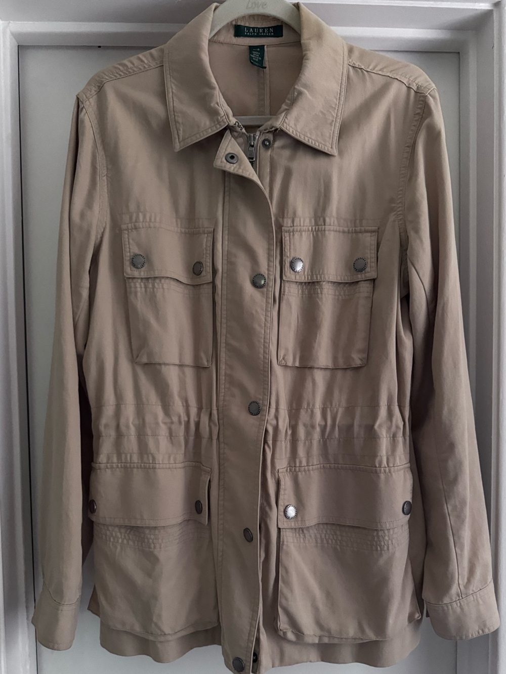 Lauren Ralph Lauren Beige Utility Jacket with Flap Pockets and Cinch Waist - Picture 1 of 5
